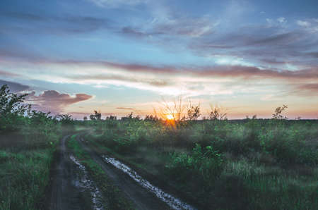 Country road after rain, evening with beautiful sunset and lowered fog.