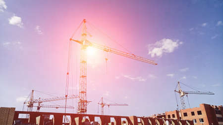 Large number of tower cranes are installed on the construction site, on a bright Sunny day.