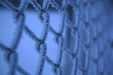 Mesh netting covered with frost after heavy fog and frost.