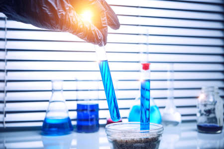Lab employee in black medical gloves holds a test tube with a blue liquid.の写真素材