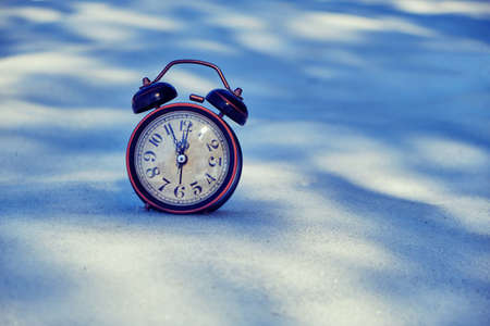 Old retro alarm clock in the snow in the forest with Sunny bunniesの写真素材