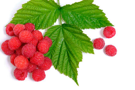 Ripe raspberry berry on a white background with a green leaf