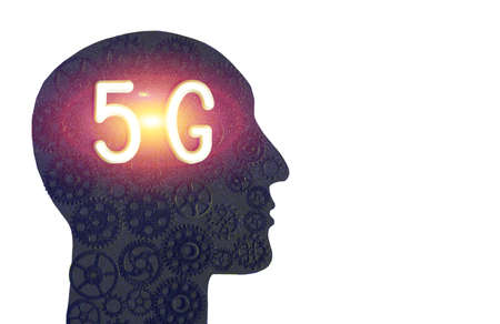 Logo of 5G networks in the silhouette of a human head on the background of gears. Concept of progressの写真素材