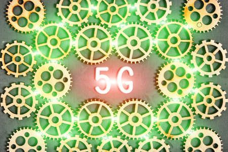 5G technology, progress and development.Logo of 5G networks with gearsの写真素材