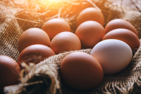 Collected chicken eggs, stacked on burlap in the chicken coopの写真素材