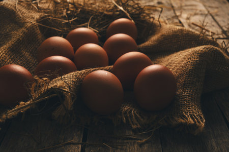 Collected chicken eggs, stacked on burlap in the chicken coopの写真素材