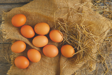 Chicken eggs on burlap in the chicken coop, top viewの写真素材