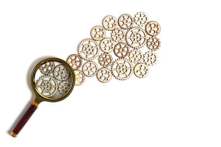 Magnifier with gears on a white background. The concept of learning progress