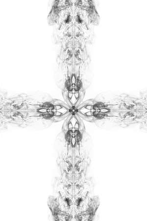 Abstract swirls and clouds smoke form fantastic silhouettes in shape cross on white backgroundの写真素材