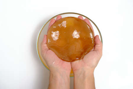 Kombucha in hands on a white background, delicious and healthy drink
