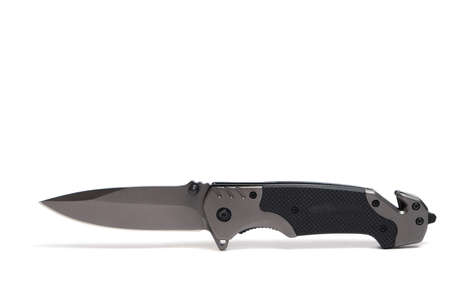 Tactical folding knife on white background, isolatedの写真素材