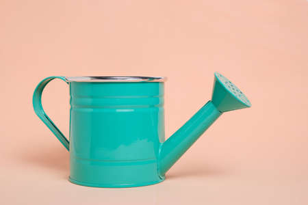 Green watering can on pastel beige background.Concept beginning summer seasonの写真素材