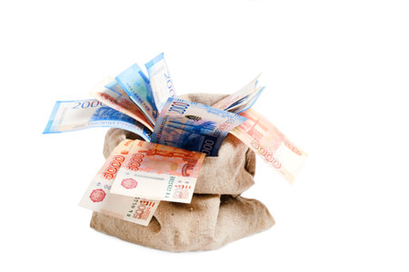 Bag of money, Russian ruble in denominations two and five thousand rubles in bagの写真素材