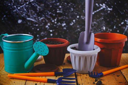 Watering can, flower pots and gardening tools on a wooden tableの写真素材