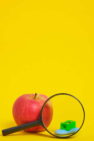Apple magnifier and sharpener with eraser yellow background.Preparation for school