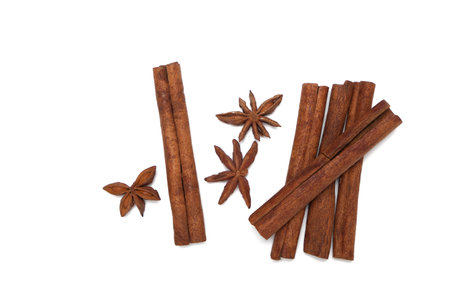 Spices cinnamon and star anise white background