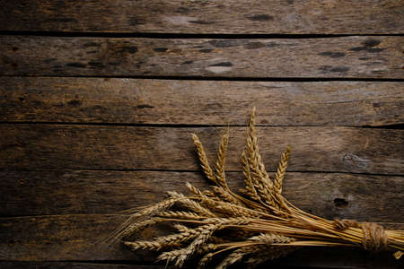 Bouquet ripe wheat ears wooden backgroundの写真素材