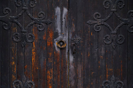 Old, wooden, Gothic gates with forged metal parts and handleの写真素材