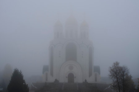 Russia,Kaliningrad, October 27, 2022,Cathedral Christ Savior in fogのeditorial素材