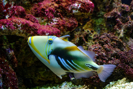 Fish Picasso spiny triggerfish swims against background corals