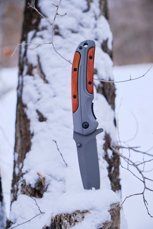 Survival knife stuck in tree stump in winter snow covered forest