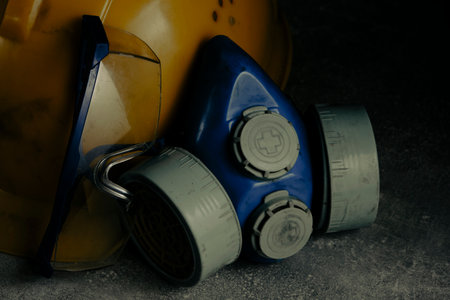 Respirator, goggles and miner protective helmet on concrete floorの写真素材