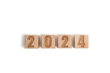 Wooden cubes with numbers 2024, white background