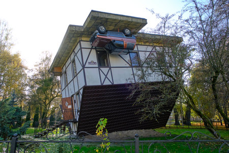 Russia, Kaliningrad, October 30, 2022.Exhibition installation form inverted house in Kaliningrad parkのeditorial素材