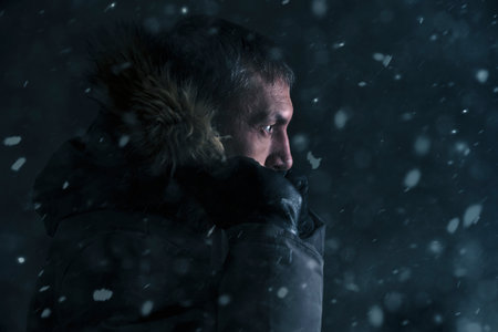 Man in winter jacket and leather gloves street during heavy snowfall