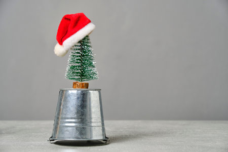 Small Christmas tree with Santa Claus hat is mounted on a bucketの写真素材