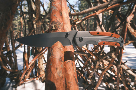 Folding tactical knife for survival and hiking is stuck into trunk fallen tree in pine winter forest