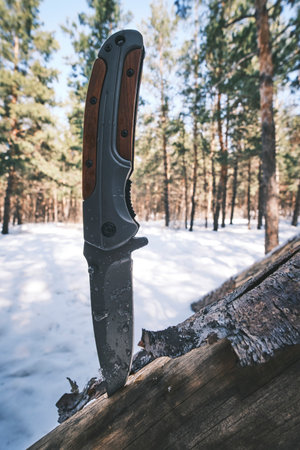 Folding tactical knife for survival and hiking is stuck into trunk fallen tree in pine winter forestの写真素材