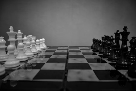 Black and white chess pieces facing each other on chessboard, on gray backgroundの写真素材