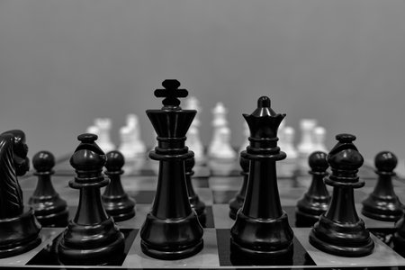 Black chess pieces background white blurred chess pieces standing chessboardの写真素材
