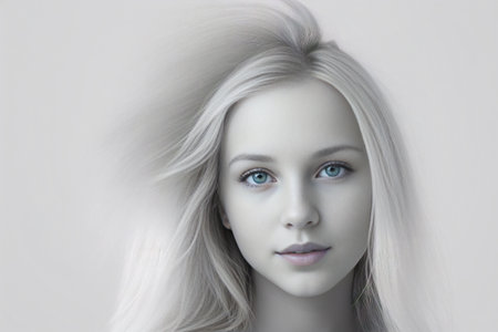 Portrait girl with long blonde hair and blue eyes gray background.Generative AIの素材