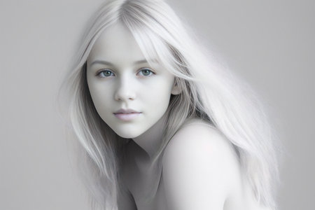 Portrait girl with long blonde hair and blue eyes gray background.Generative AIの素材