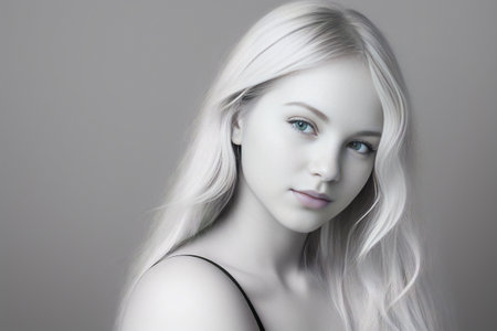 Girl with long blonde hair and blue eyes posing for picture with gray background, photorealistic portrait.Generative AI.の素材