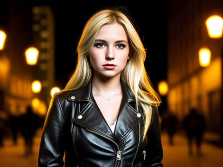 Blonde girl in black leather jacket standing night against backdrop urban landscape.Generative AIの素材