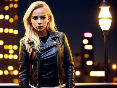 Blonde girl in black leather jacket standing night against backdrop urban landscape.Generative AIの素材