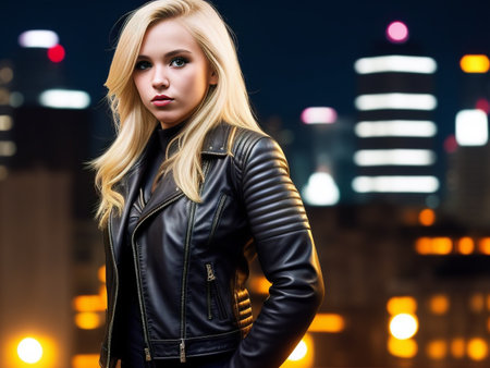 Blonde girl in black leather jacket standing night against backdrop urban landscape.Generative AIの素材