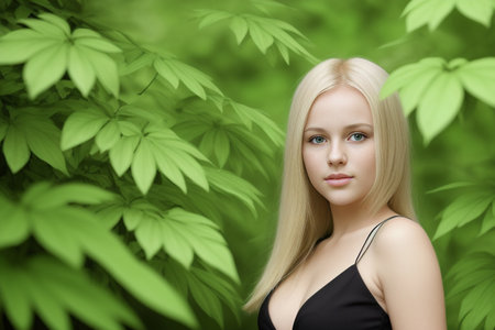 Woman with blonde hair and black dress standing in front green background with leaves.Generative AIの素材