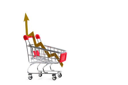 Concept, shopping cart and an arrow indicating increase in food pricesの写真素材