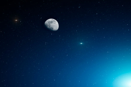 Moon on background starry sky in blue light earth