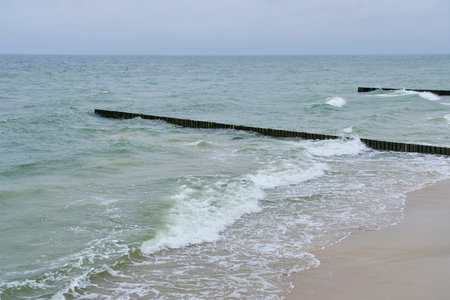 Wooden breakwaters Baltic Sea coastの写真素材