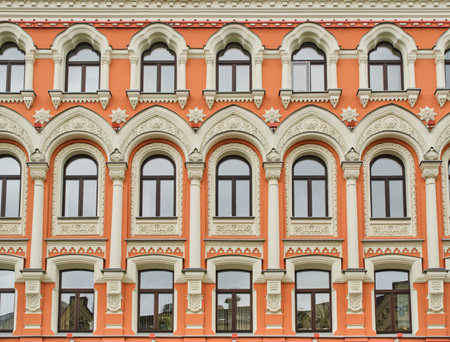 Moscow, May 8, 2023.Facade building Apartment house Trinity farmstead on Ilyinka in Moscowのeditorial素材