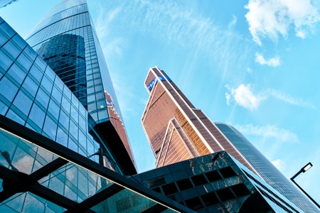 Moscow Russia 12.05.2023.Glass skyscrapers of Moscow City.View from bottom to top