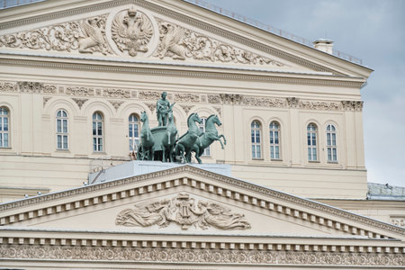 Moscow Russia 11.05.2023.Statue quadriga at top Bolshoi Theater