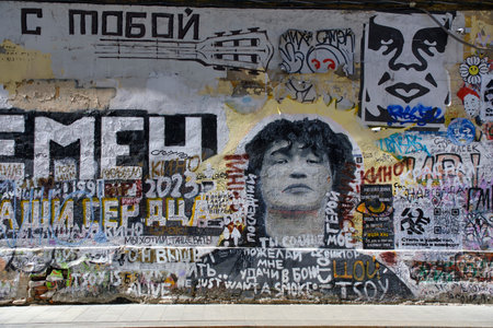 Moscow Russia 12.05.2023.Viktor Tsoi's wall on Arbatskaya Streetのeditorial素材