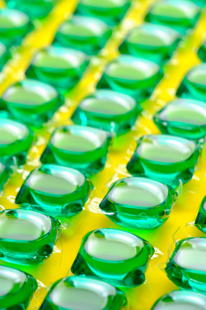 Background lot of capsules for washing green on yellow background