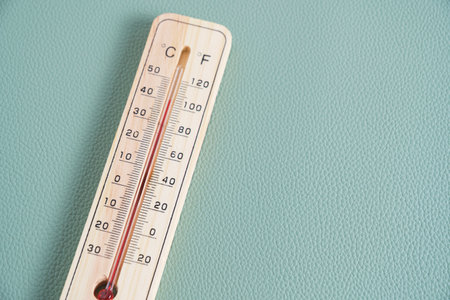 Wooden outdoor thermometer green backgroundの写真素材